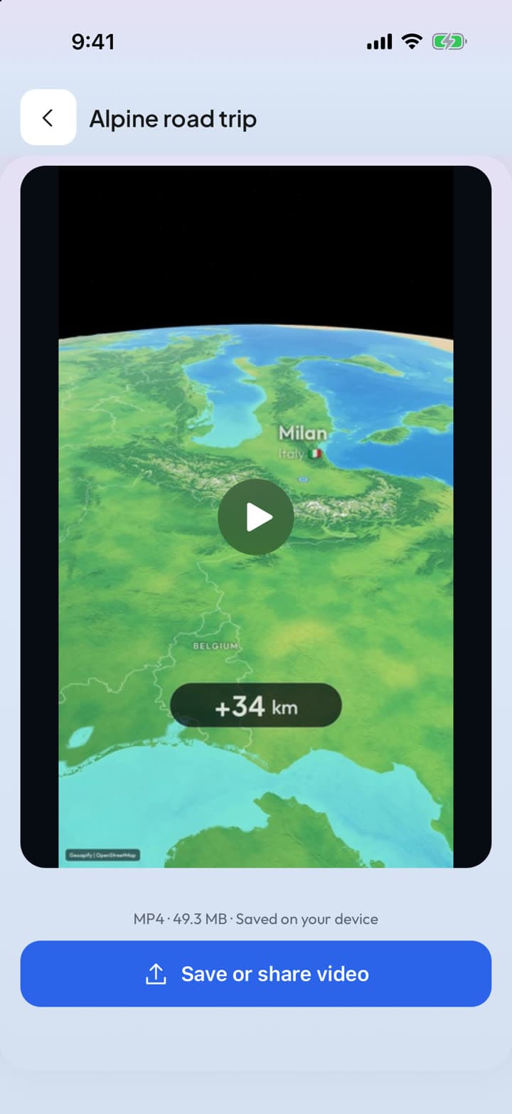 A finished 1080p Story video in the Boba Globe app, ready to save or share