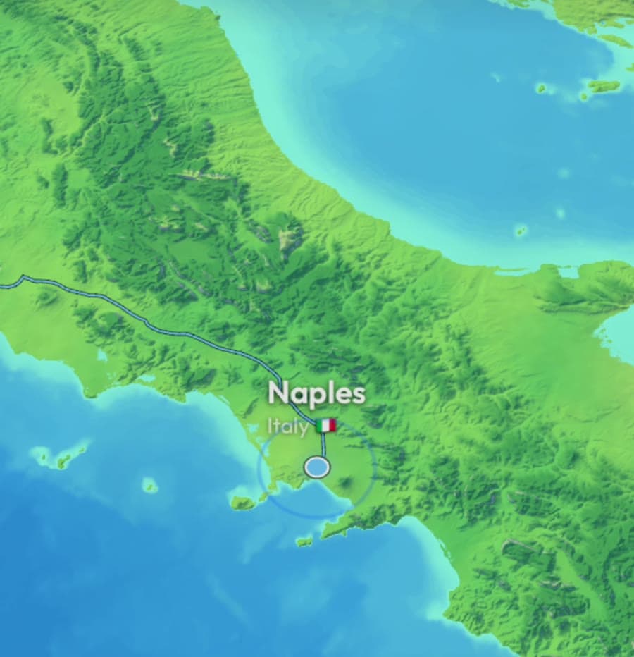 Terrain 3D map of southern Italy with a road route to Naples in the Boba Globe app
